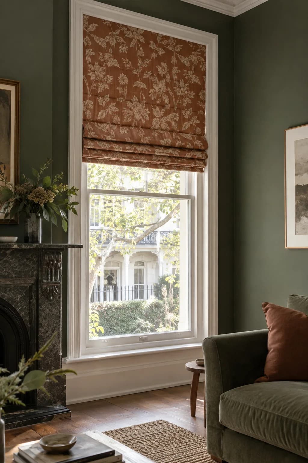 Rust patterned linen Roman blind at a tall period window