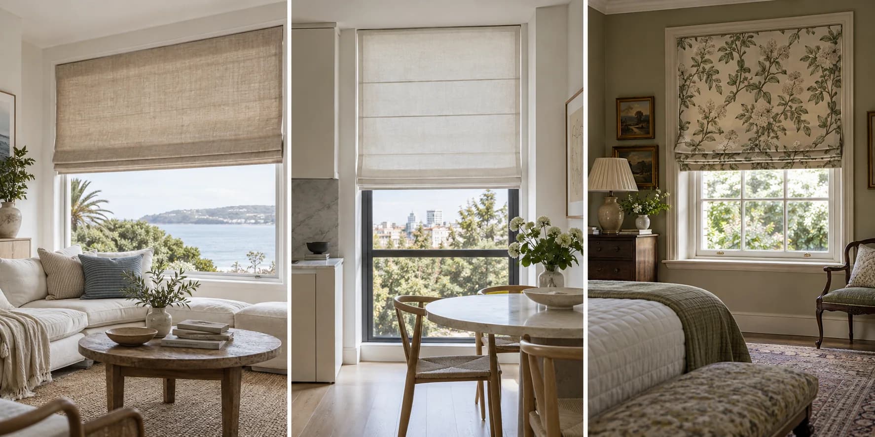 Three different linen Roman blinds in relaxed, contemporary and traditional interiors