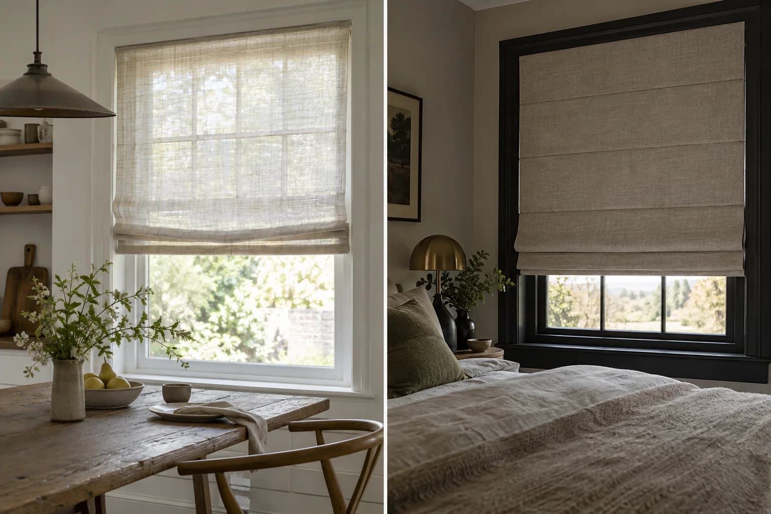 Comparison of softly filtered and more structured lined linen Roman blinds