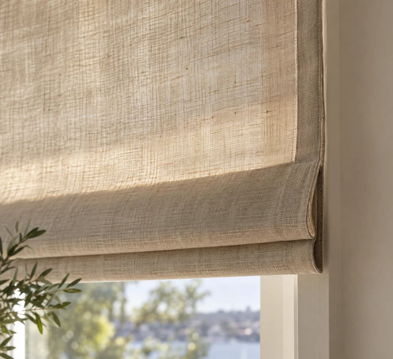 Close view of linen weave, slub and fold formation on a finished Roman blind