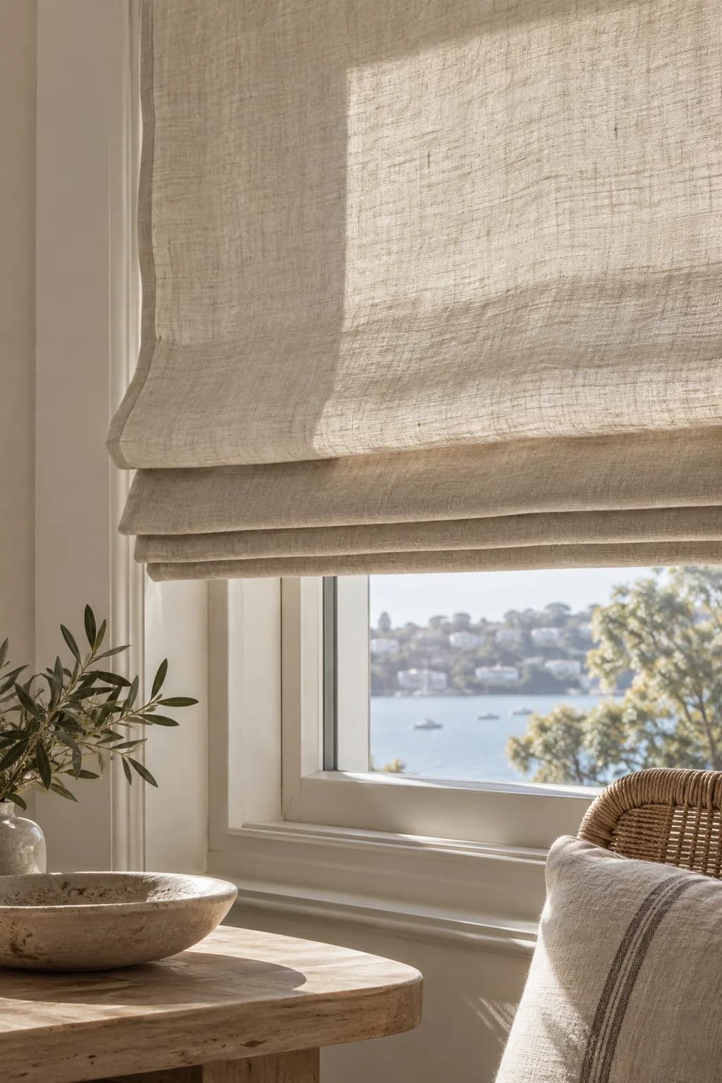 Pure linen Roman blind showing natural slub and gentle material movement