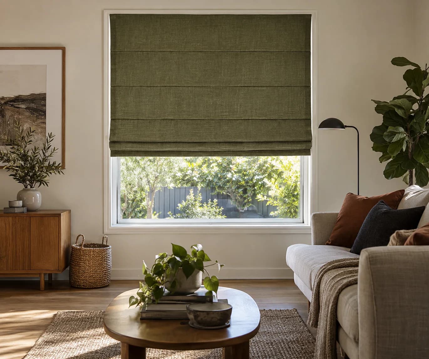 Deep moss linen Roman blind in a contemporary living room