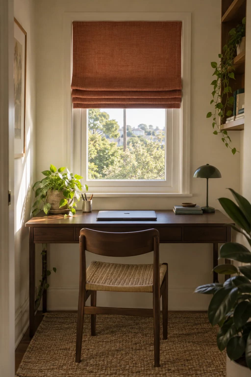 Terracotta linen Roman blind at a small study window