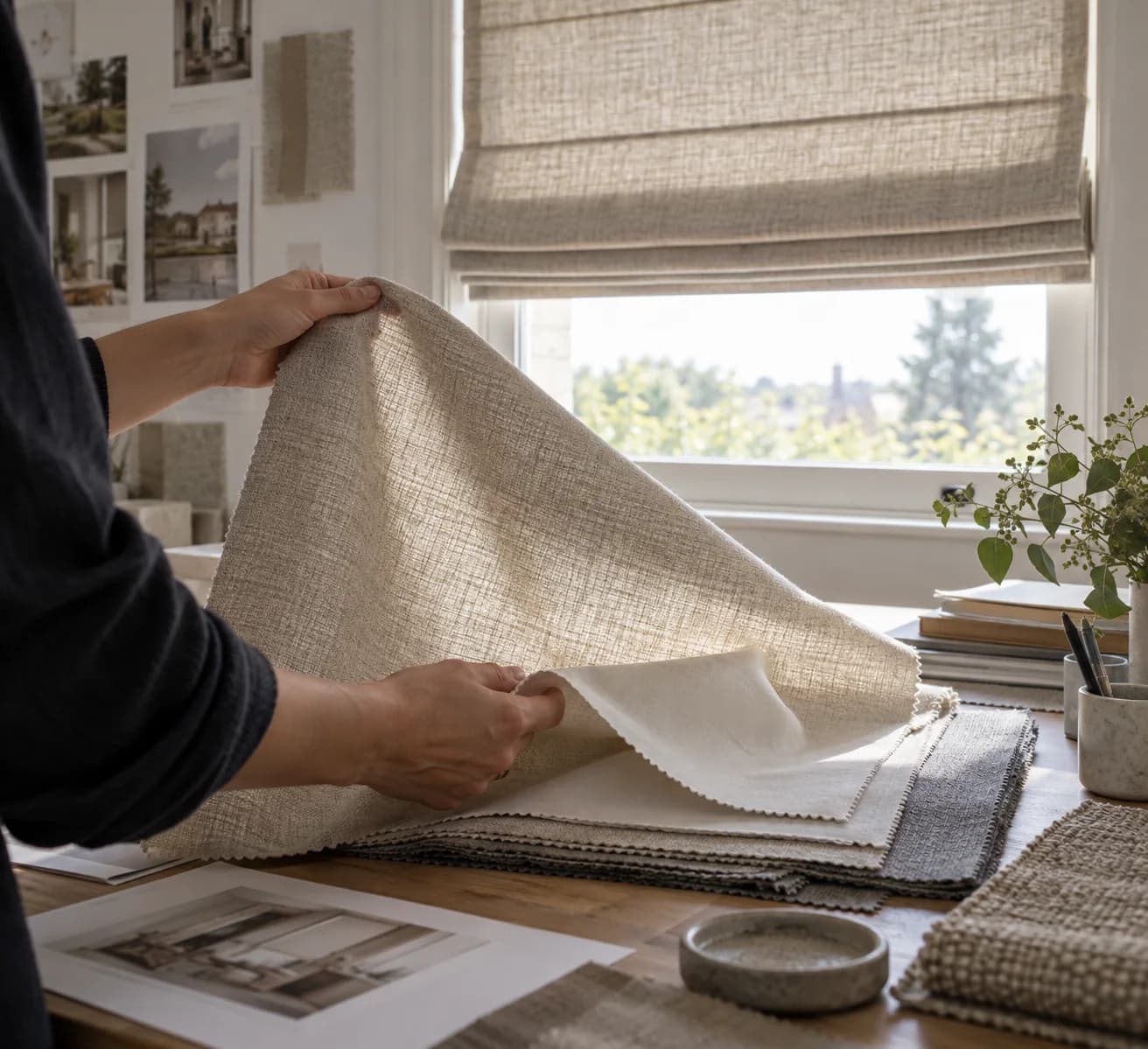 Designer assessing linen samples, lining and fold against daylight