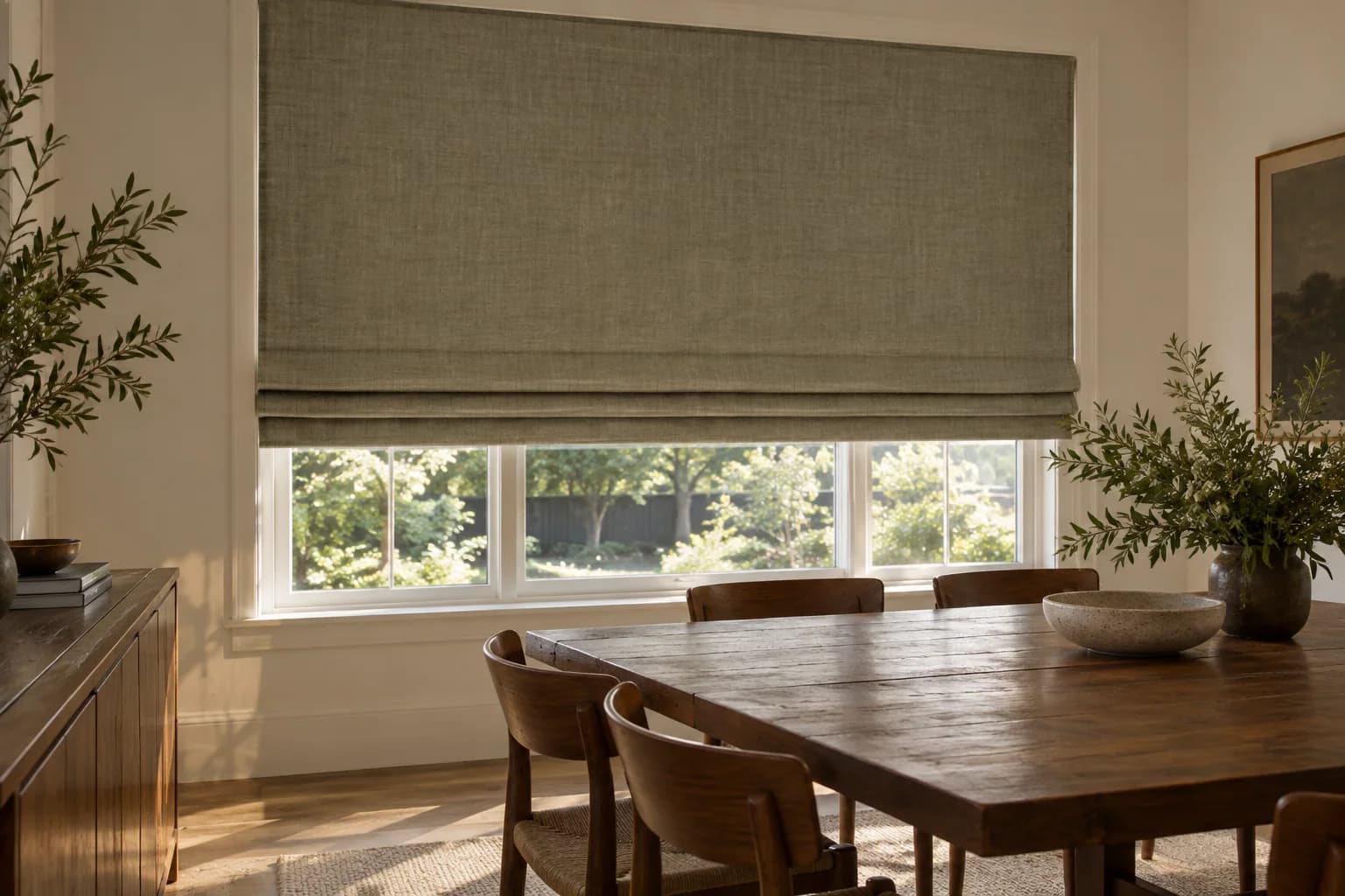 Wide olive-grey linen Roman blind in a warm Sydney dining room