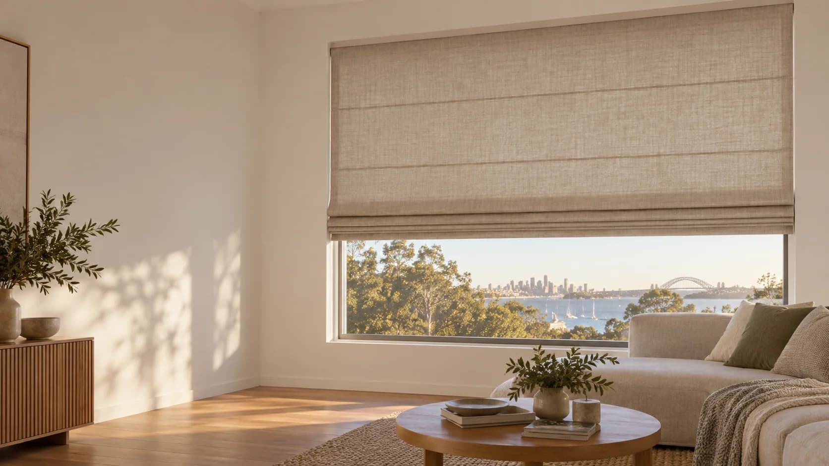 Finished flax Roman blind in a contemporary Sydney living room