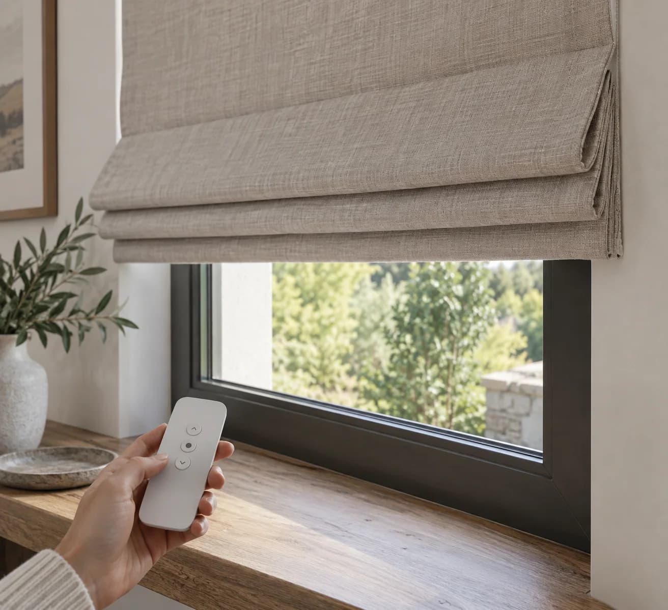 Hand-held control beside a finished motorised Roman blind