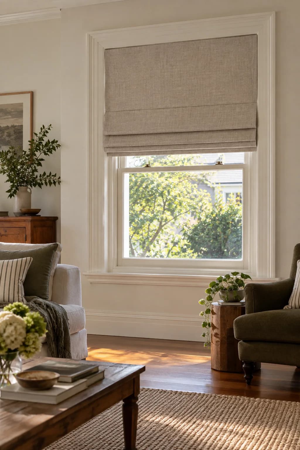 Motorised Roman blind fitted to a window in an established Sydney home