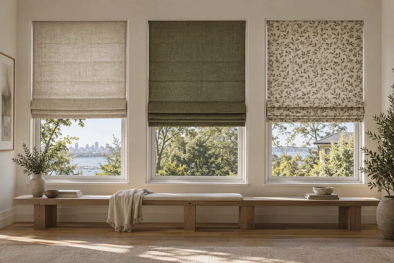 Three motorised Roman blinds showing linen, textured plain and patterned fabrics