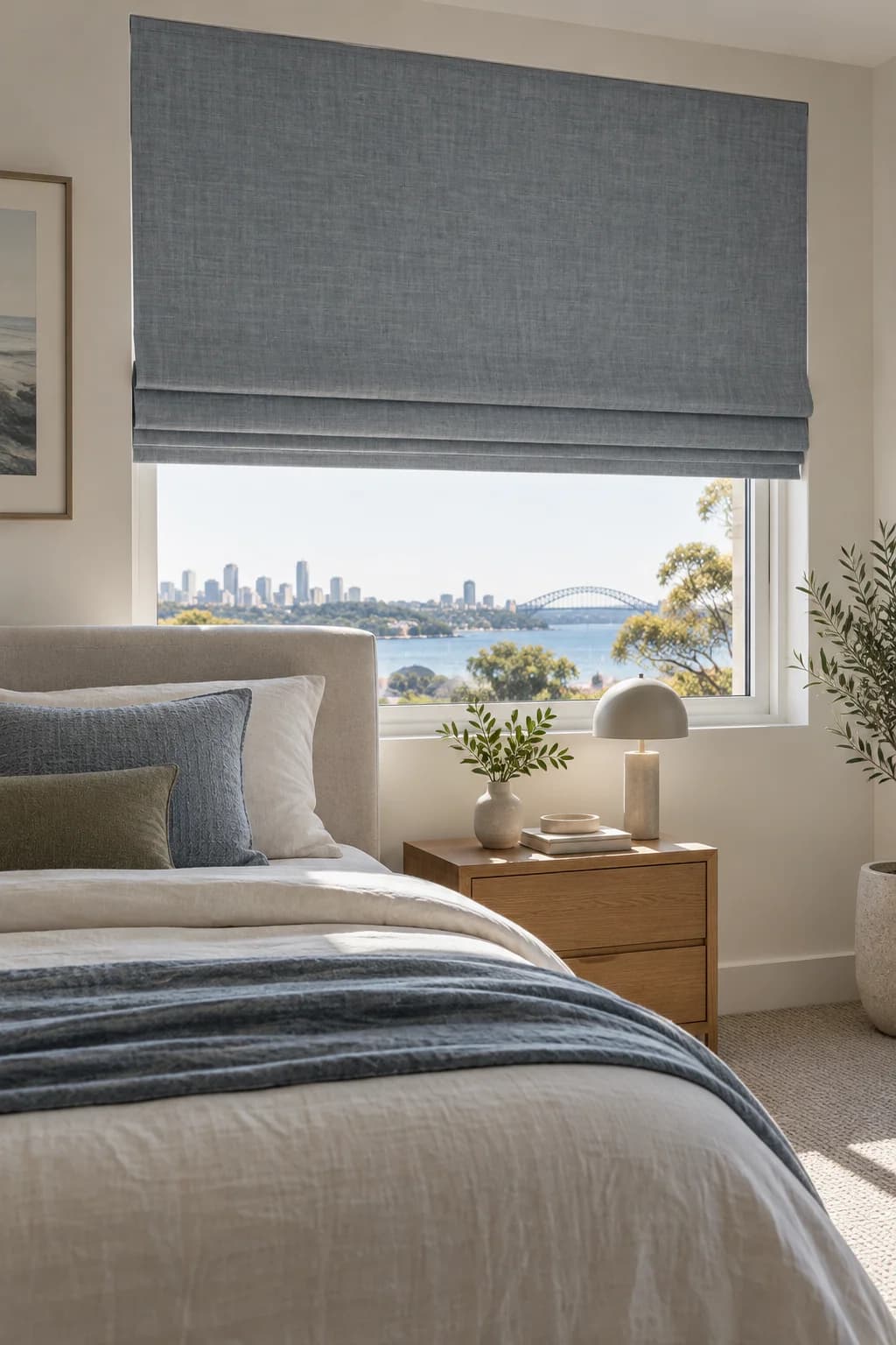 Blue-grey motorised Roman blind in a calm Sydney bedroom