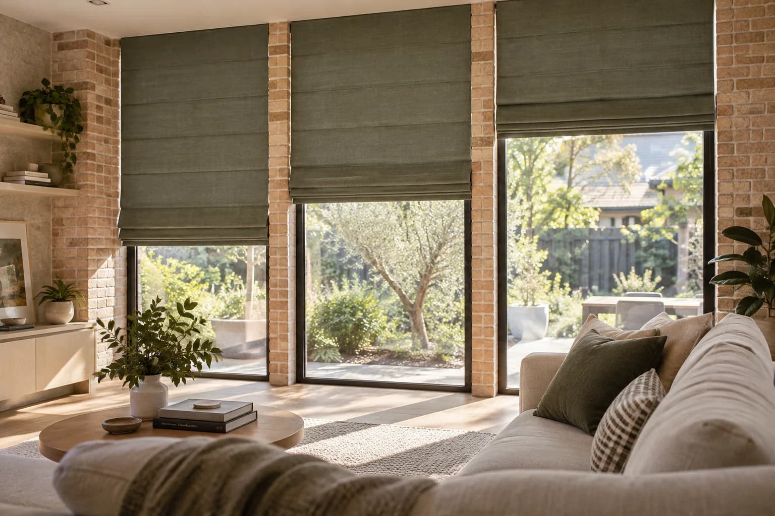 Three motorised Roman blinds coordinated across a warm living room