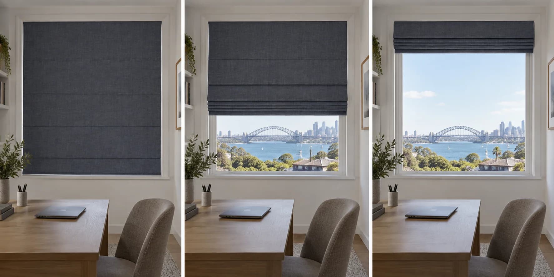 Motorised Roman blind shown fully lowered, partially raised and fully raised