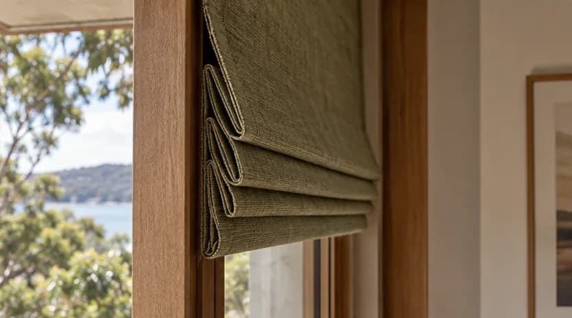 Side view of a Roman blind fold projecting from a timber window reveal