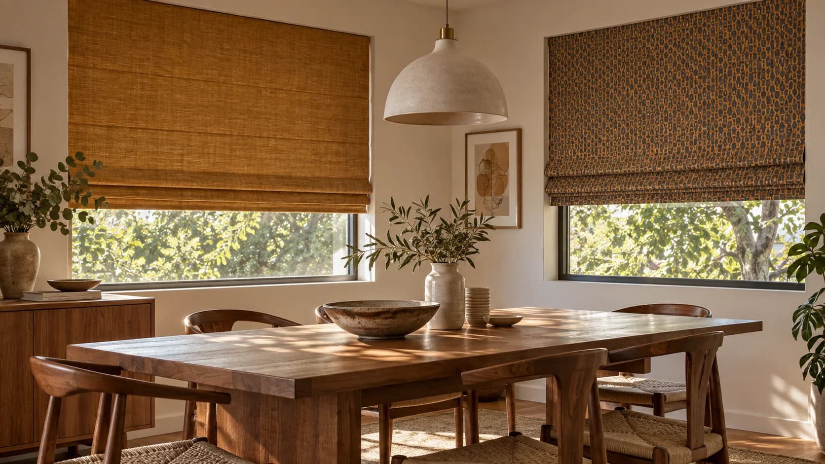 Two Roman blinds fitted and aligned across adjacent dining-room windows