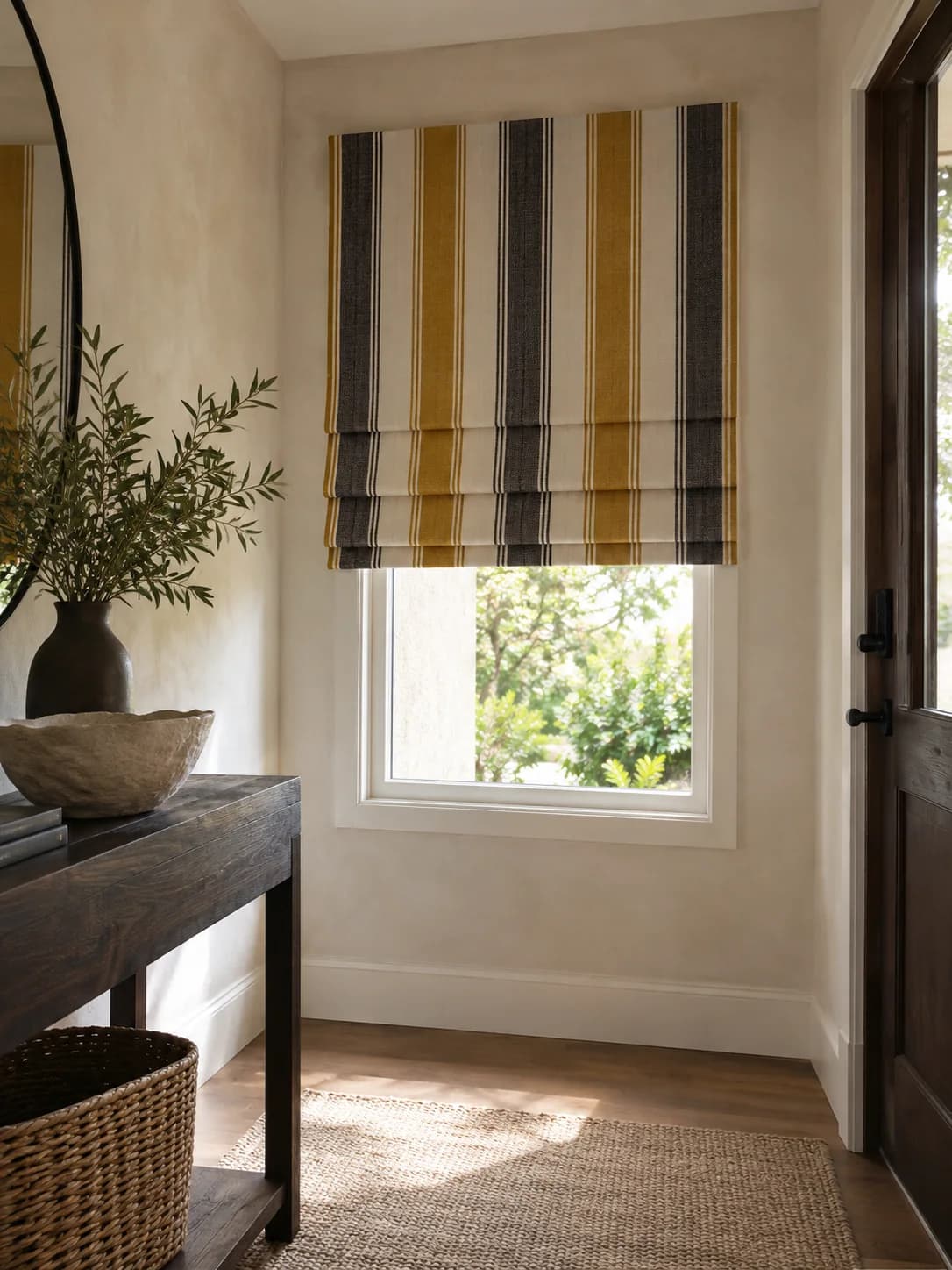 Striped Classic Roman blind proportioned to a narrow entry window