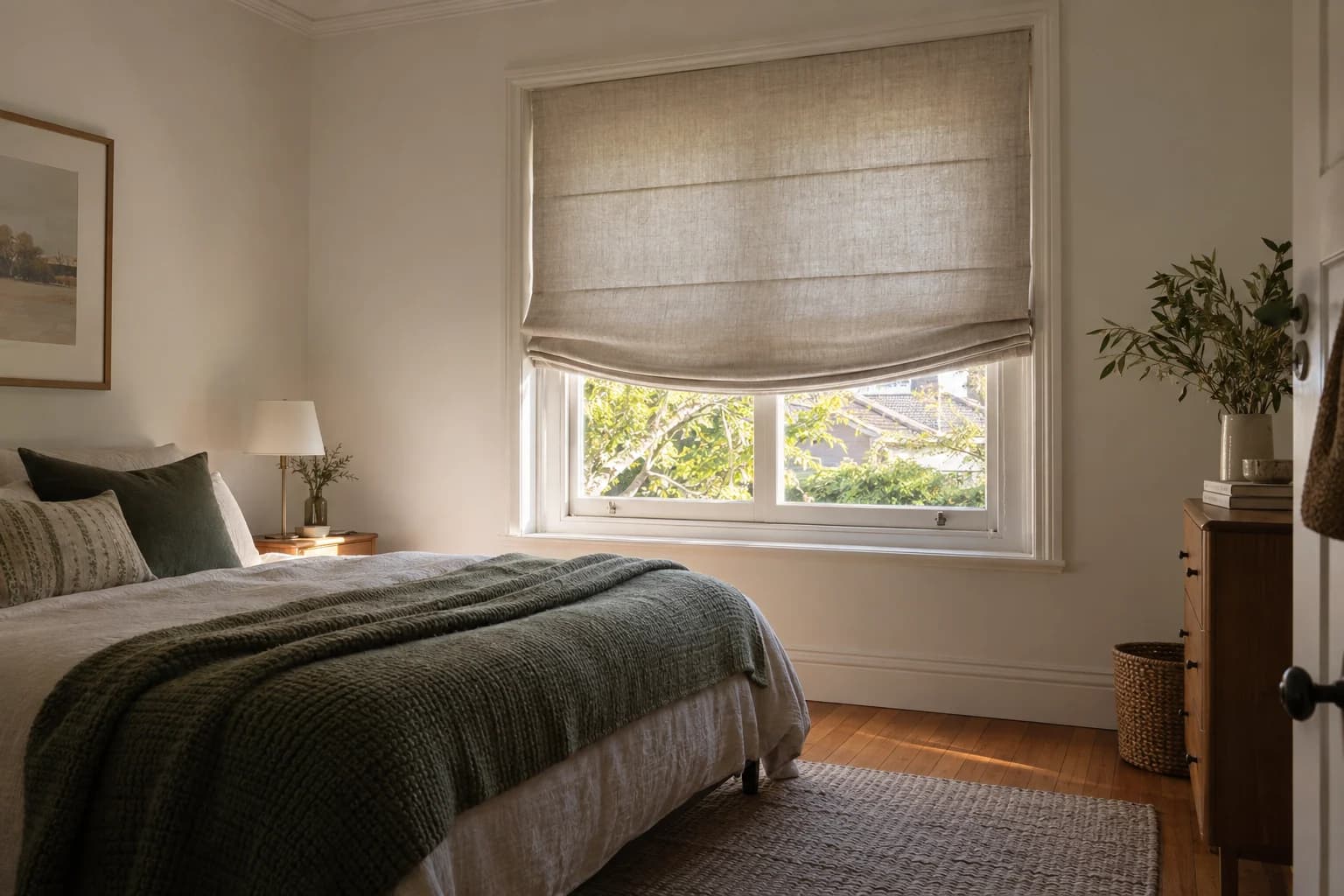 Relaxed Roman blind with a deliberate symmetrical centre curve in a bedroom