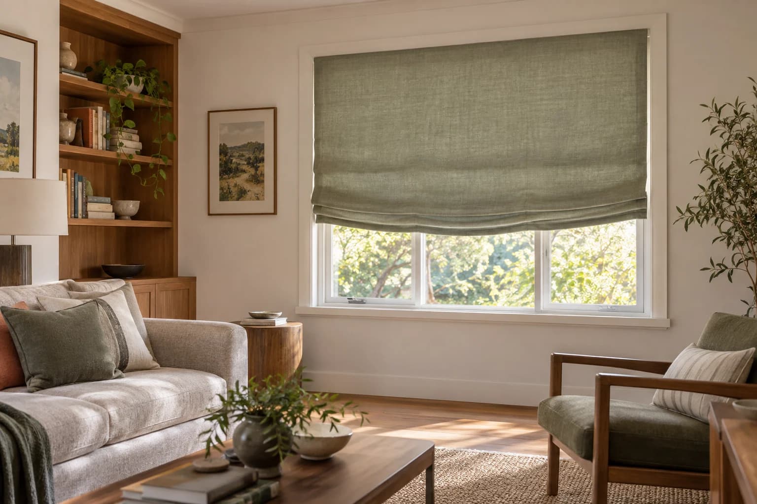 Soft green Relaxed Roman blind with a controlled centre curve in a living room