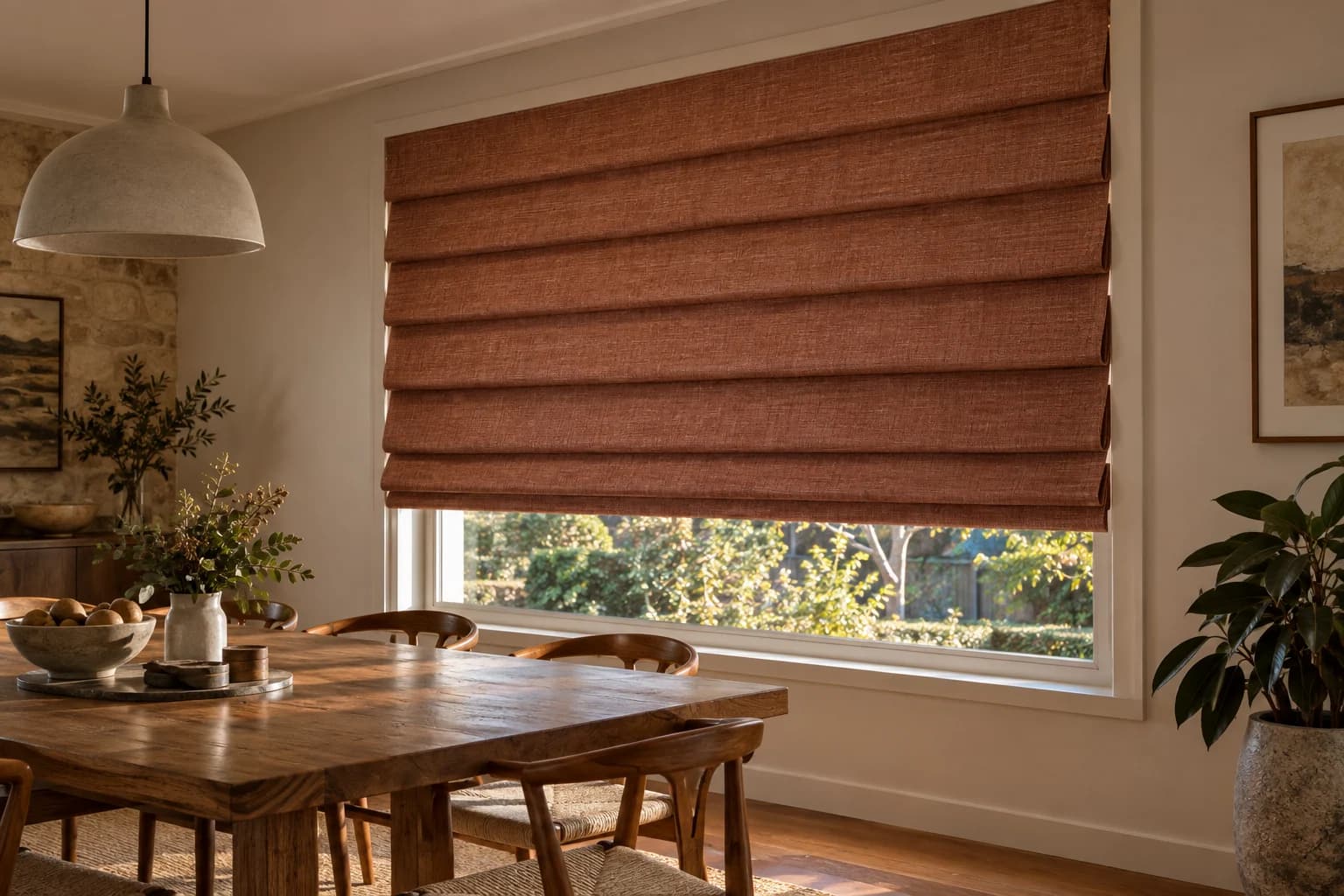 Terracotta Waterfall Roman blind showing projecting folds in a timber dining room