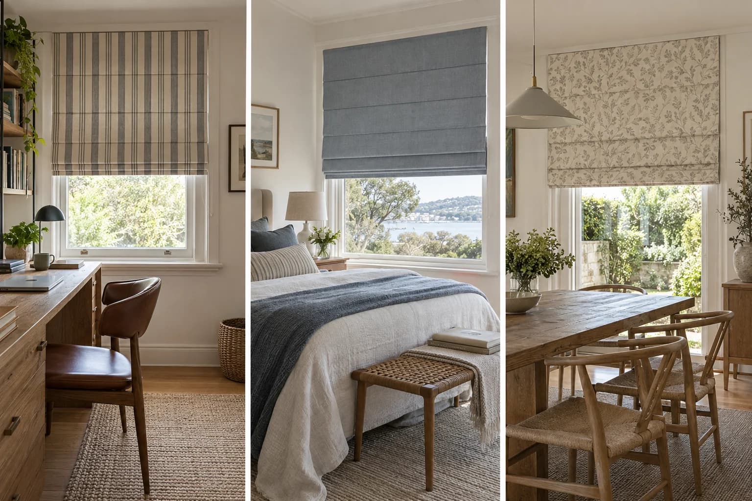 Three Classic Roman blinds in a study, bedroom and dining room