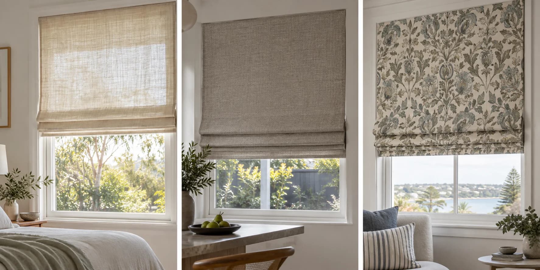 Filtered linen, lined textured plain and patterned Roman blinds shown as finished treatments