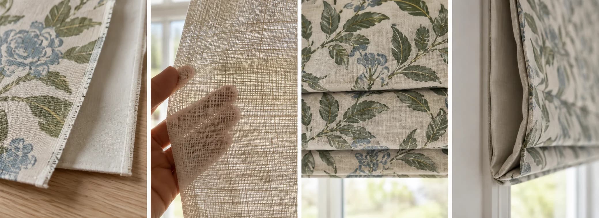 Four material details showing face fabric, lining, backlighting, pattern and fold thickness