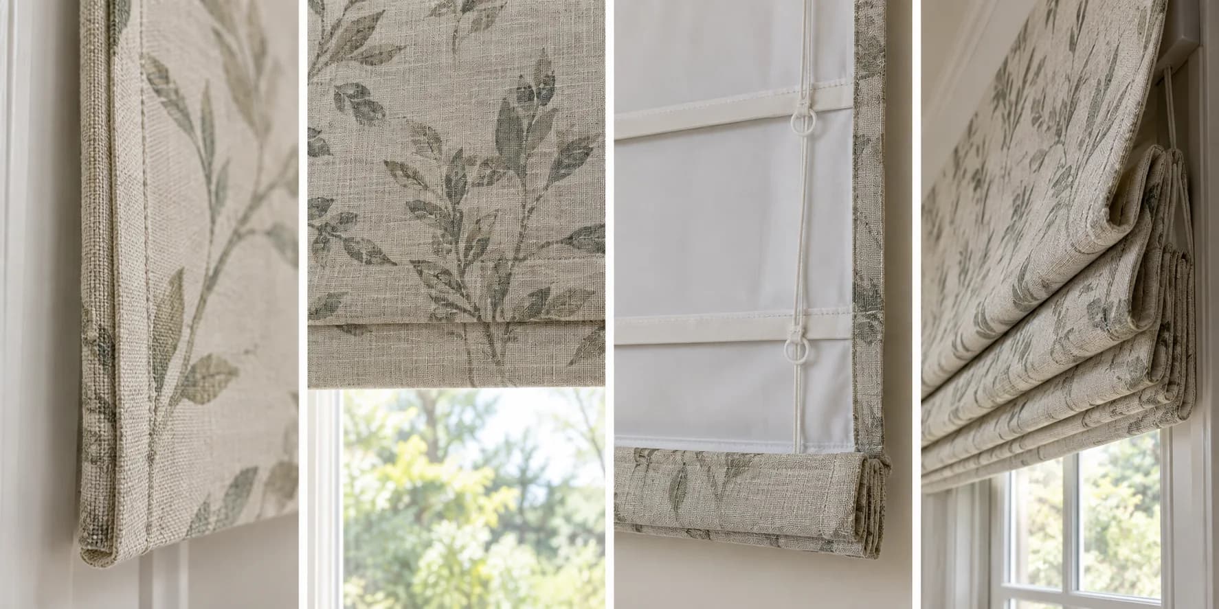 Four Roman blind construction details showing side edge, lower finish, rear support and raised stack
