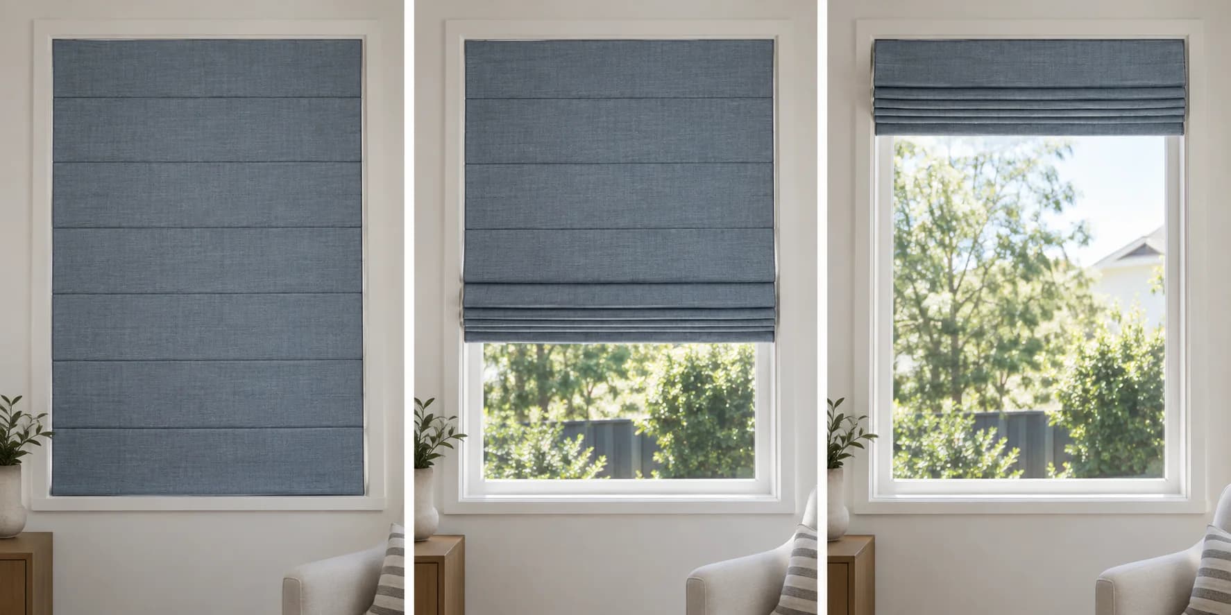 The same blue-grey Roman blind fully lowered, part raised and fully raised