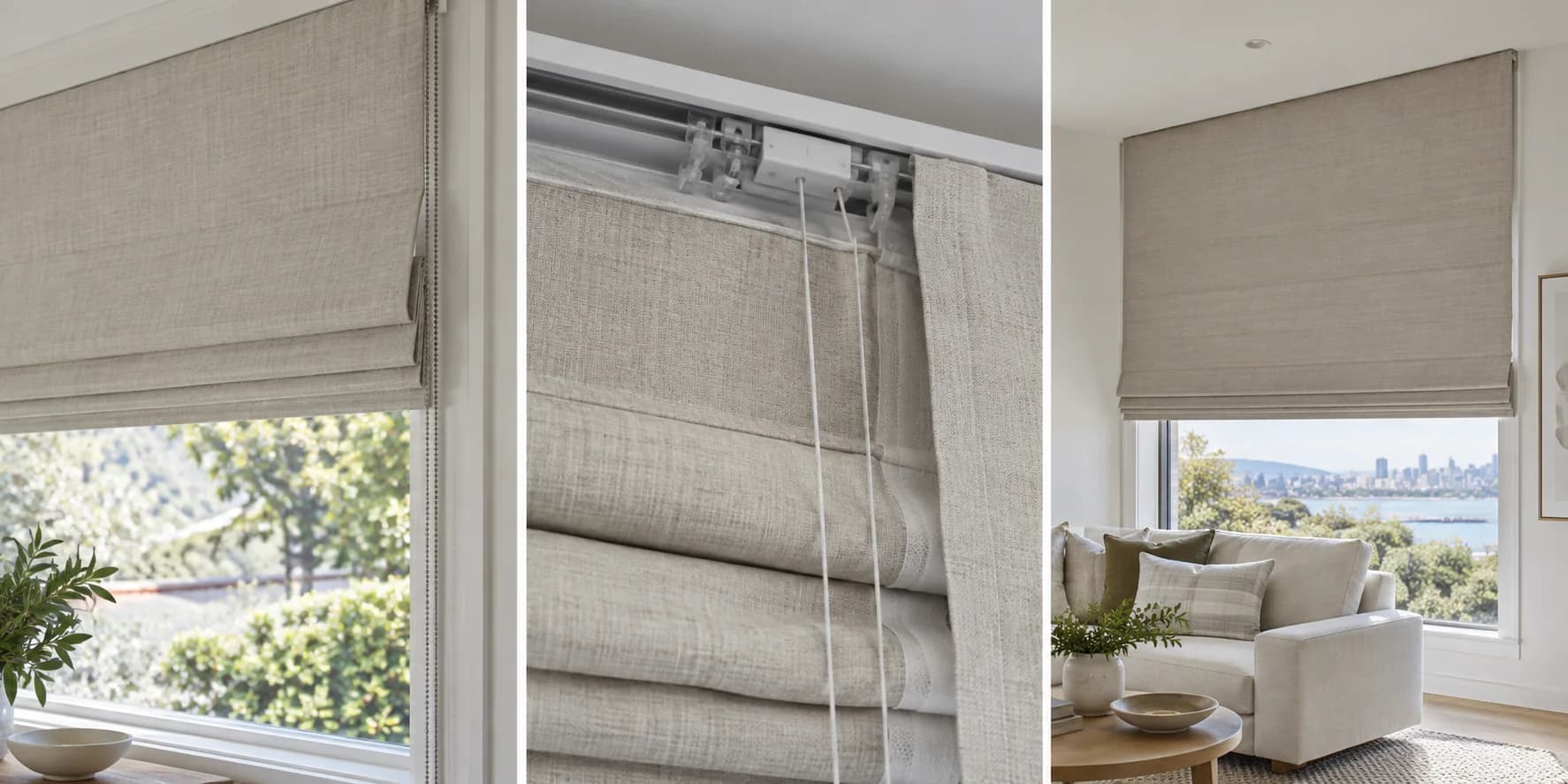 Manual Roman blind, Roman headrail lift detail and integrated motorised Roman installation