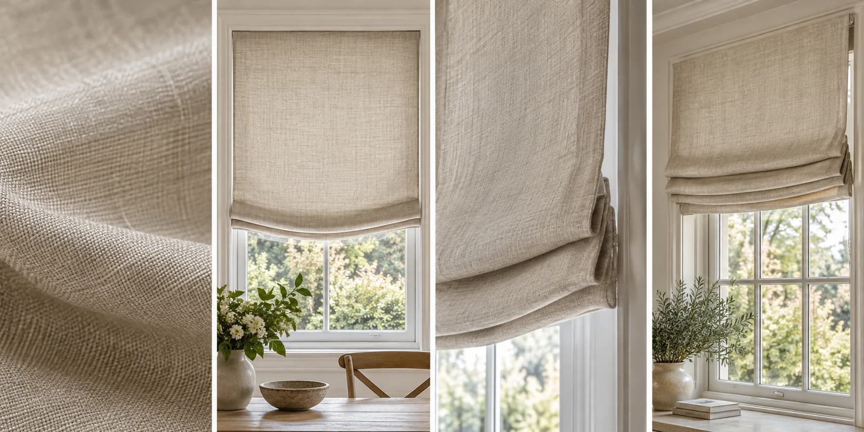 Four close views of linen texture, the Relaxed Roman lower curve, side edge and raised stack