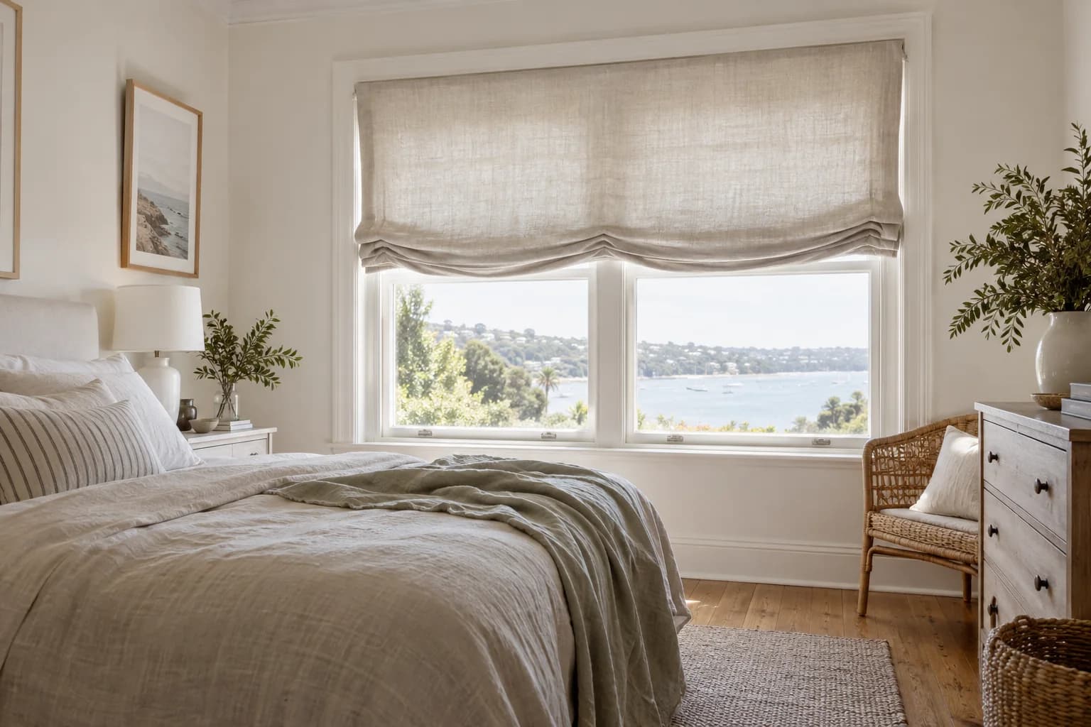 Soft linen Relaxed Roman blind with a deliberate curved lower line in a Sydney bedroom