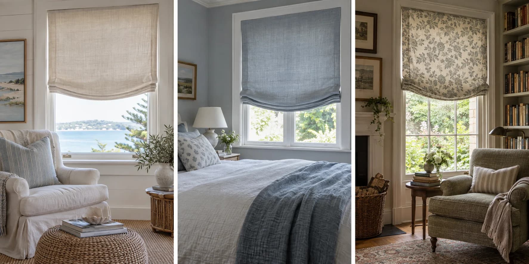 Three genuine Relaxed Roman blinds in coastal, bedroom and traditional interiors