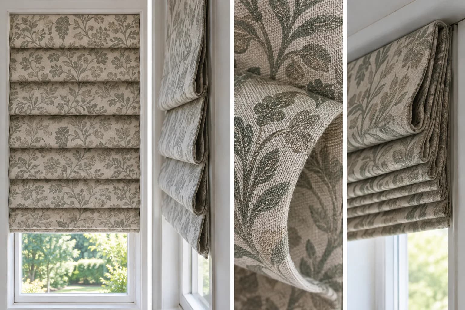 Four close views of Waterfall Roman front folds, side projection, textile and raised stack