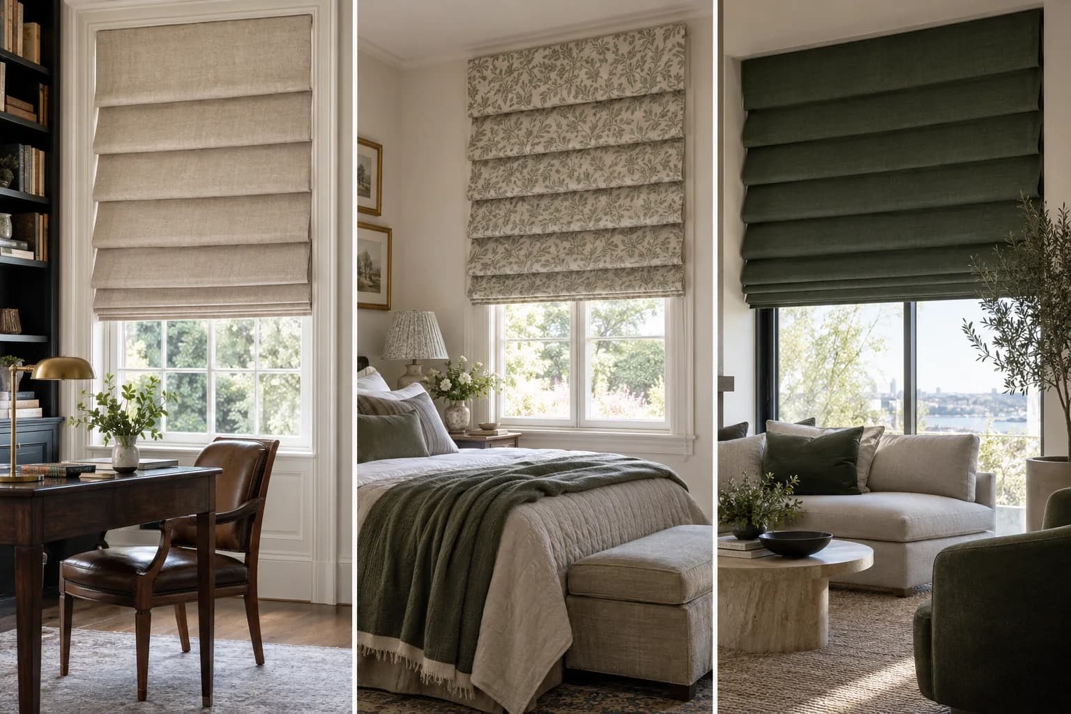 Three Waterfall Roman blinds in a study, bedroom and contemporary living room