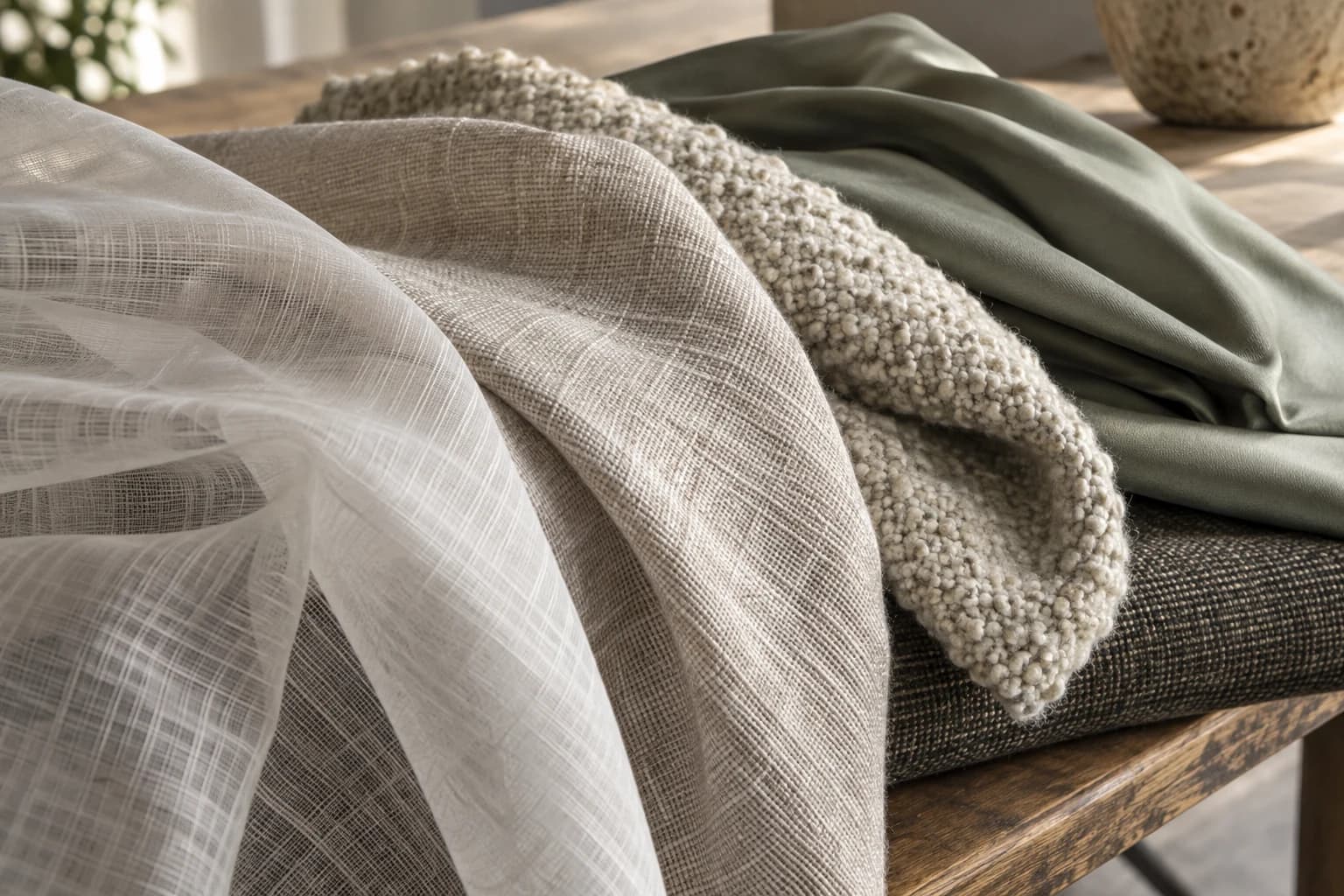Textile sample layers revealing fabric weight, weave and texture