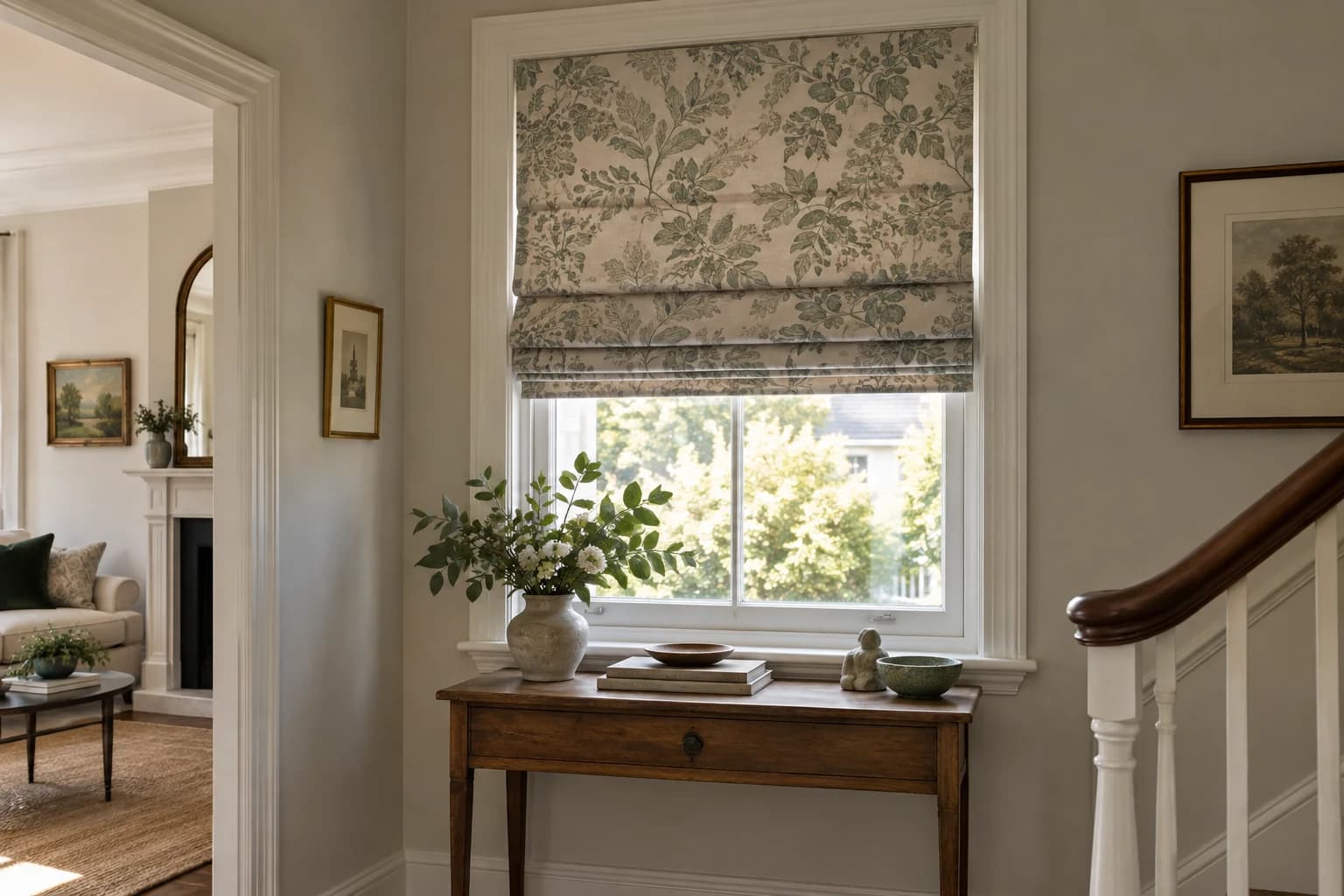 Patterned Roman blind within a painted window reveal