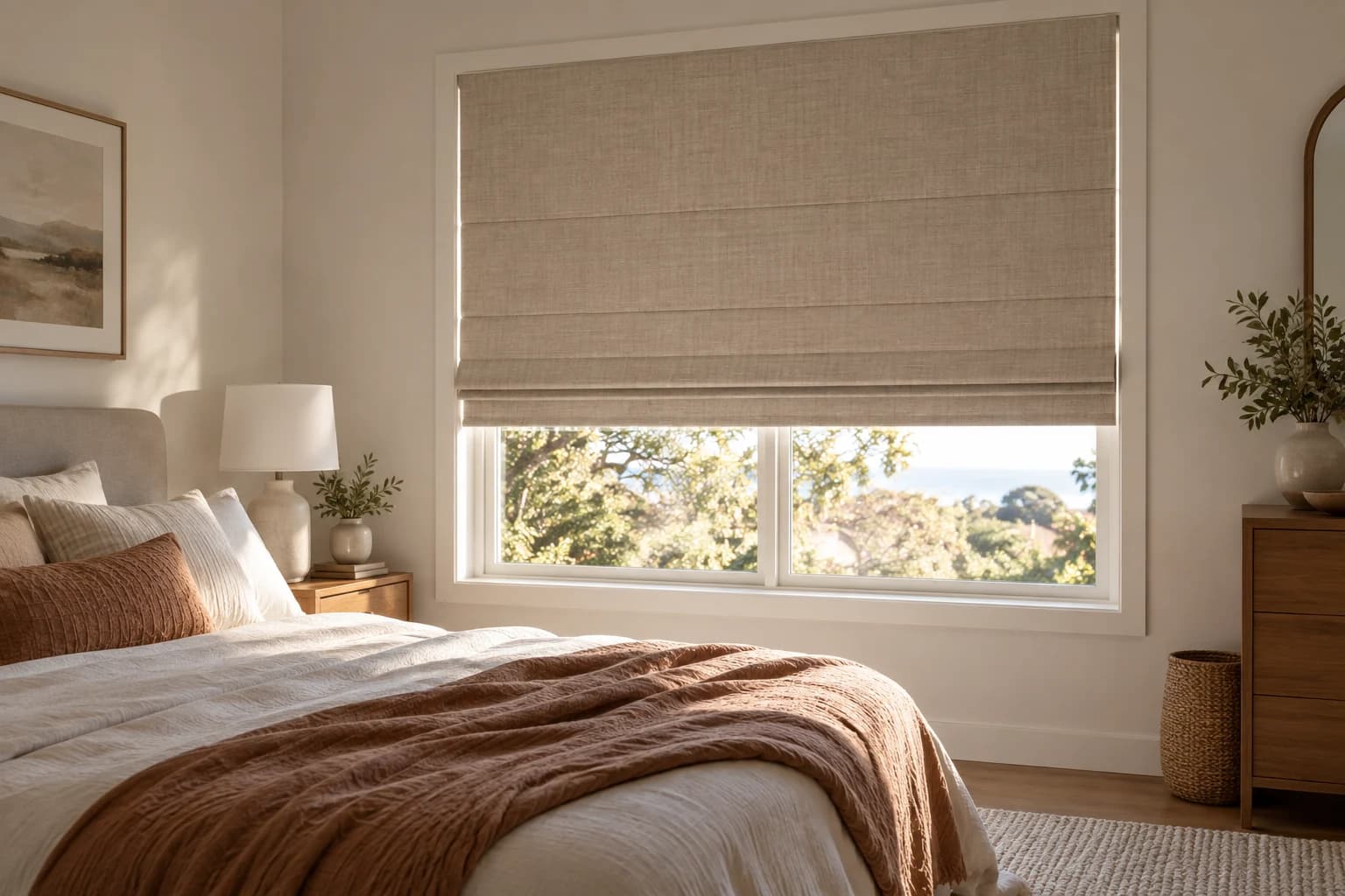 Lined Roman blind fitted to a furnished bedroom window