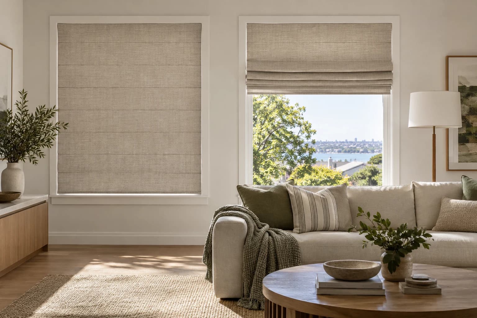 Two fitted Roman blinds showing their raised and lowered positions