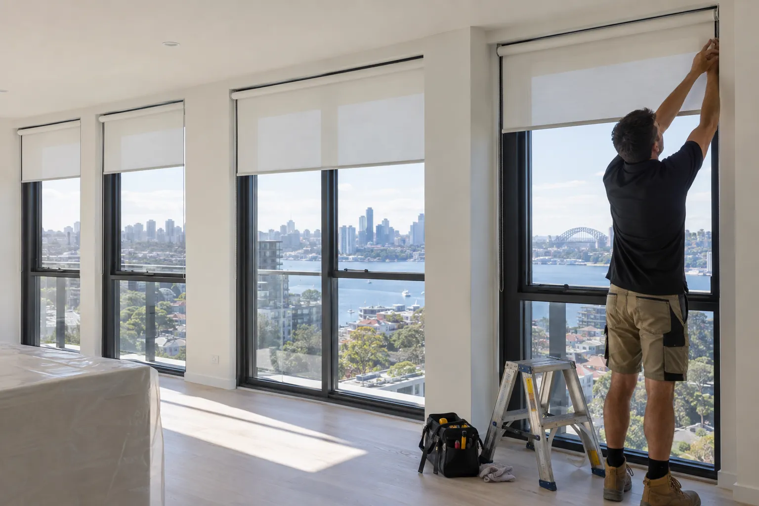 Installer checking aligned window furnishings across a multi-window development