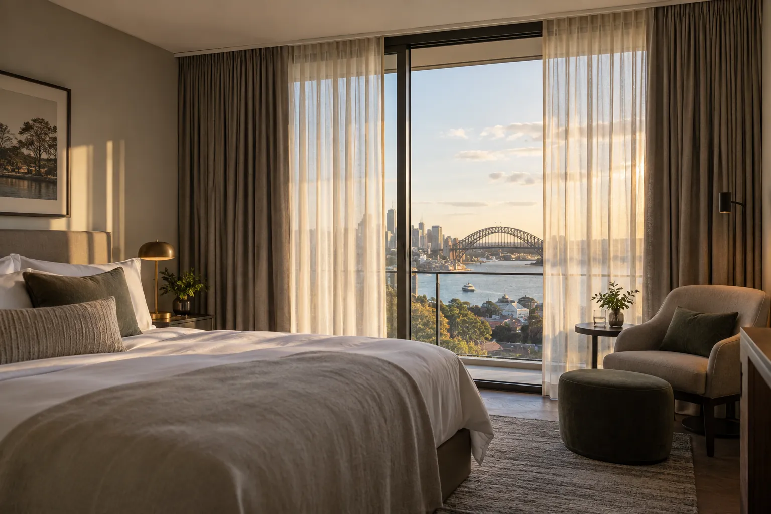 Premium hotel bedroom with layered sheers and room-darkening curtains