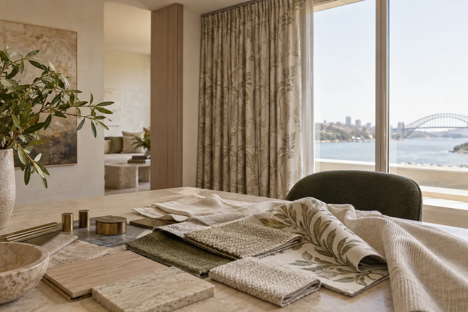 Designer reviewing curtain and upholstery materials in an interior context