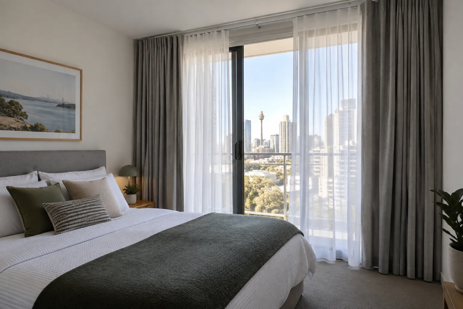 Residential-style short-stay bedroom with practical layered curtains