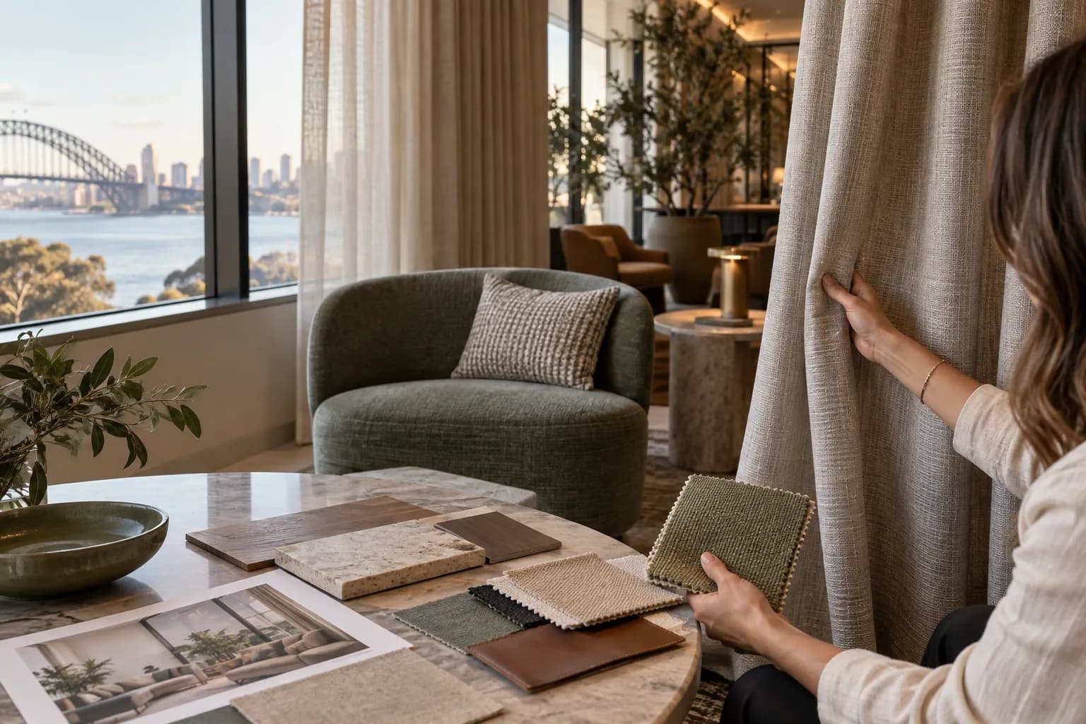 Designer reviewing curtain and upholstery materials beside a finished window