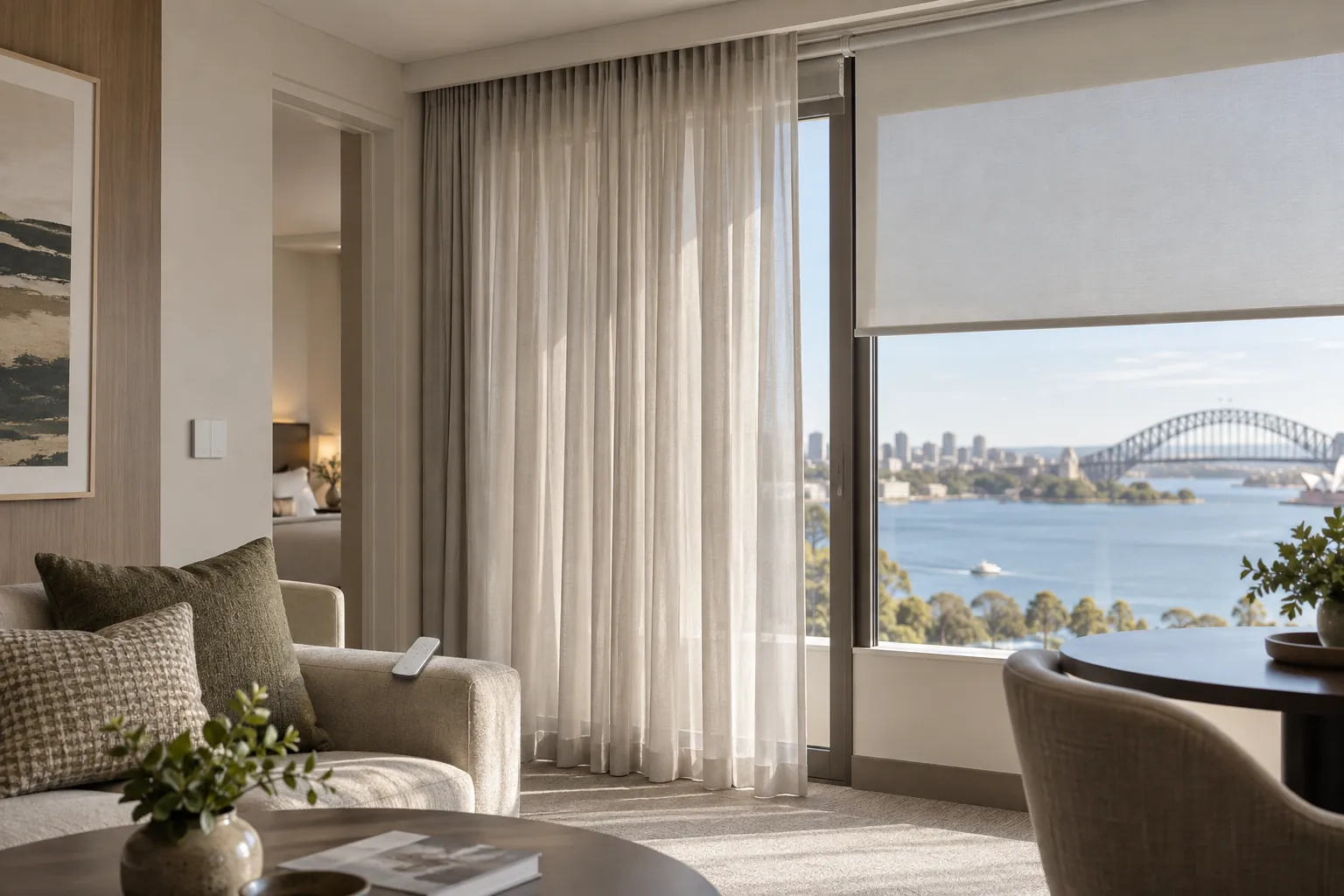 Discreet control beside integrated motorised curtain and roller blind systems