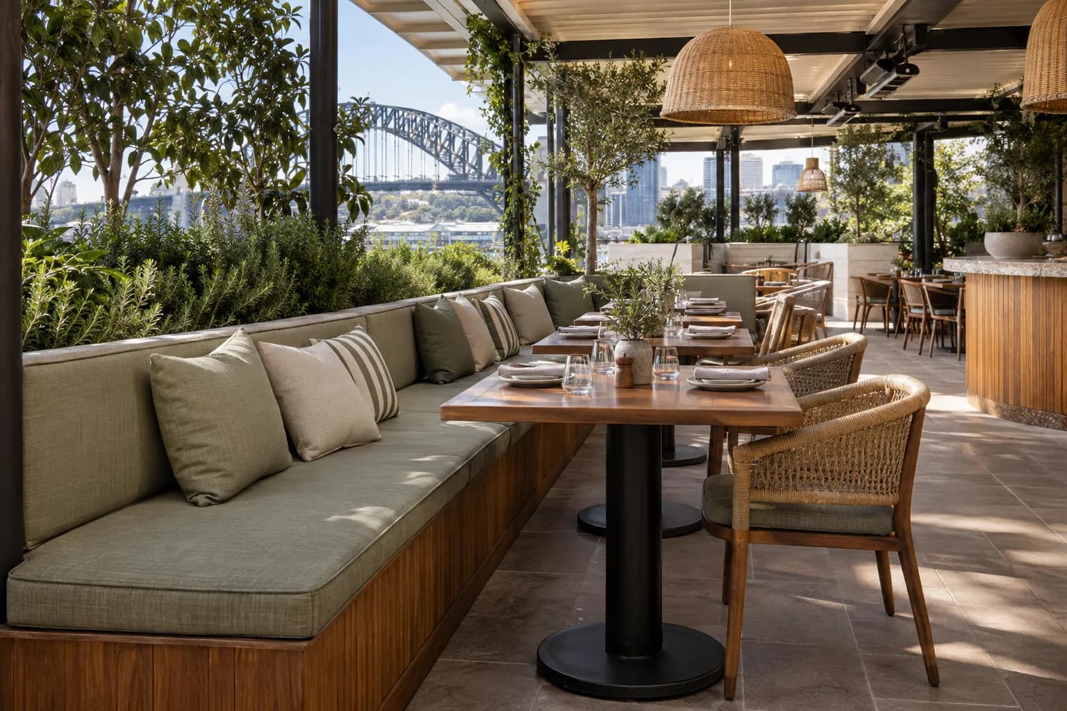 Covered hospitality courtyard with fitted outdoor banquette cushions