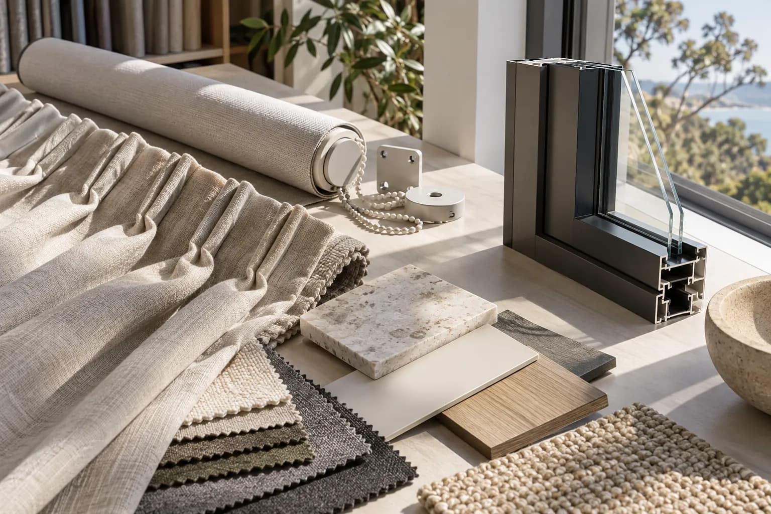 Textile, roller blind hardware and finish samples arranged for specification