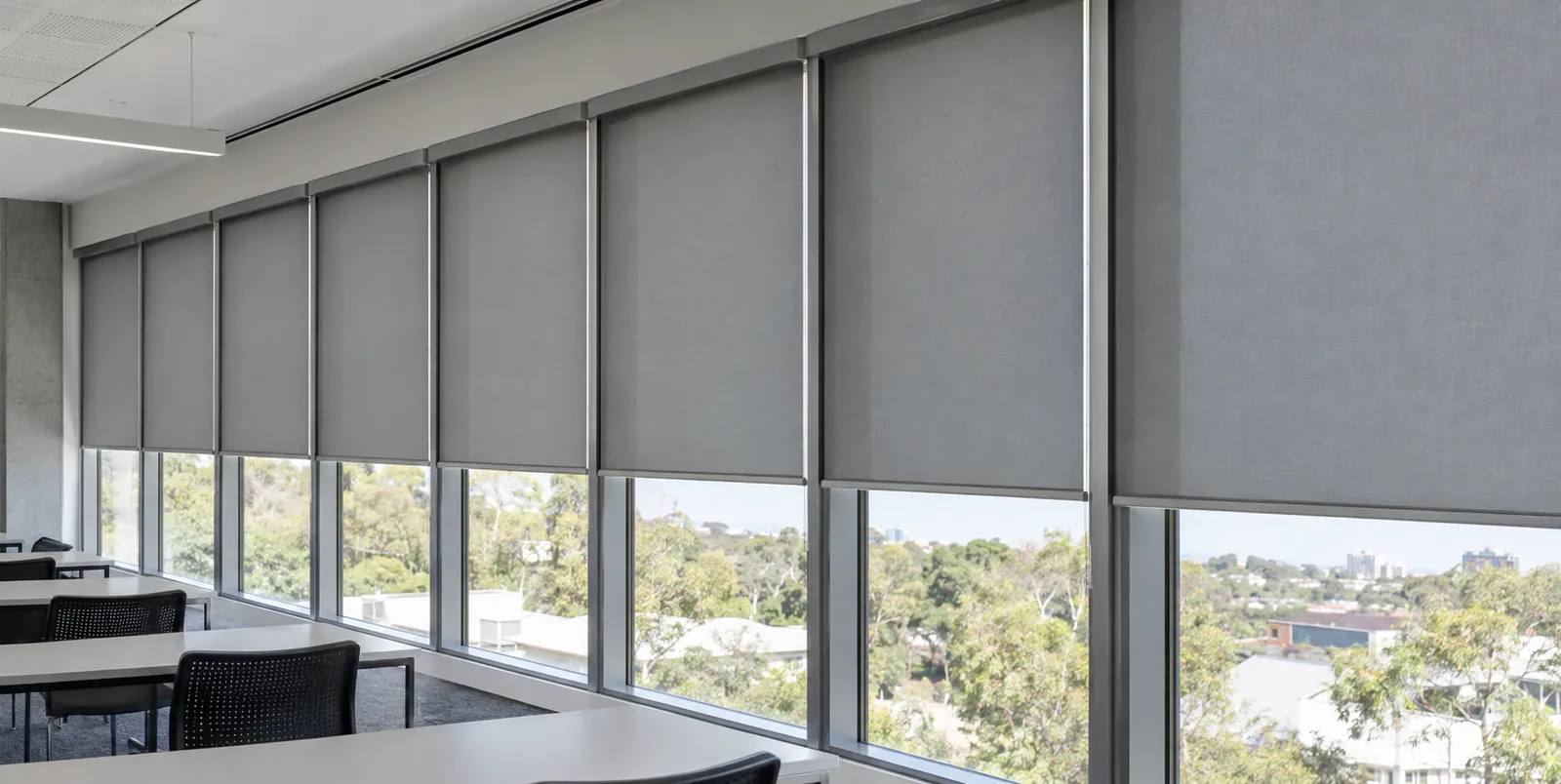 Repeated roller blinds with aligned bottom rails across commercial glazing