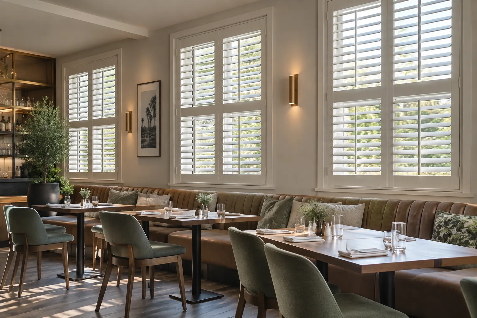 Well-proportioned custom shutters across repeated hospitality windows