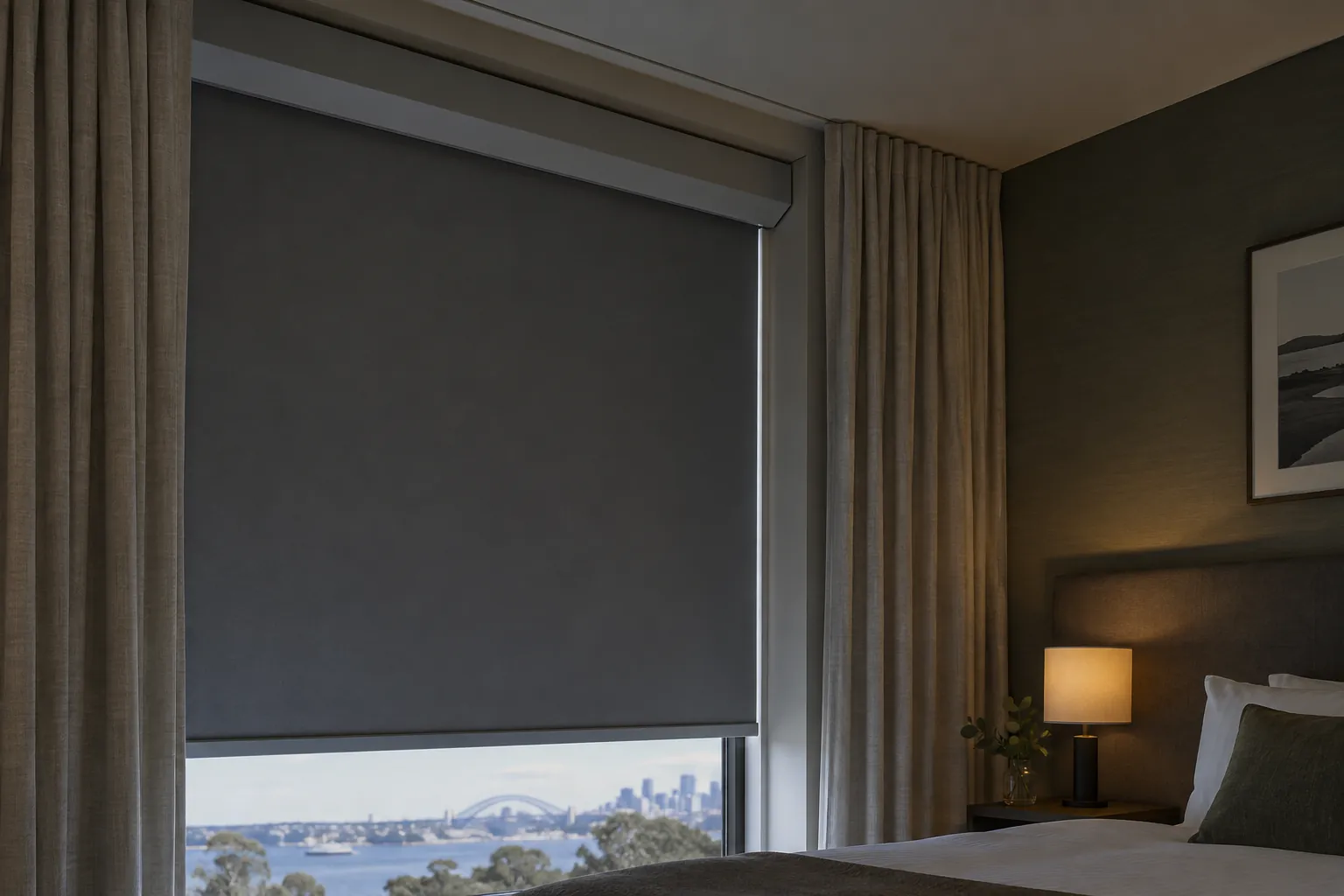 Hotel window with roller blind cassette and side-channel light control behind curtains