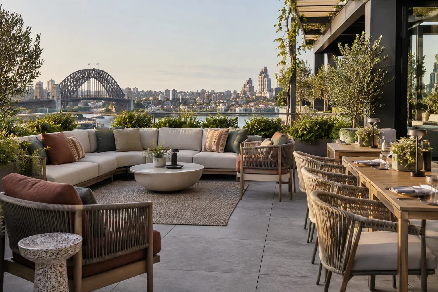 Complete hospitality terrace with fitted outdoor upholstery and lounge furniture