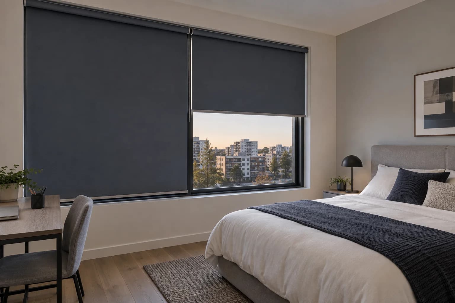 Managed accommodation bedroom with an integrated blockout roller blind